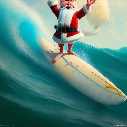 Santa standing of surfboard surfing a big wave, empty hands, beach, character design by cory loftis, fenghua zhong, ryohei hase, ismail inceoglu and ruan jia. unreal engine 5, artistic lighting, highly detailed, photorealistic, fantasy