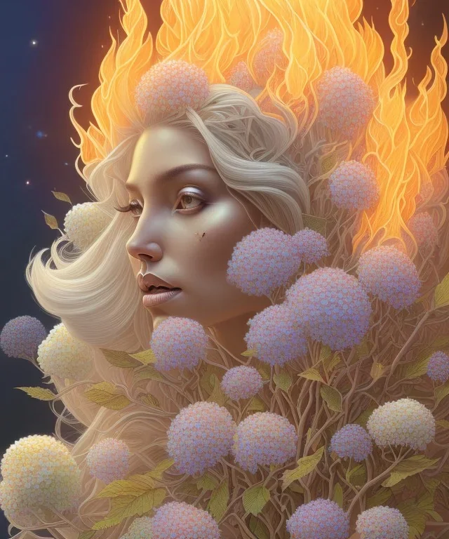 white hydrangea flowers, mandrake roots, mandrake root hands, platinum blonde woman on fire, psychedelic, intricate, elegant, highly detailed, background fire sky, digital painting, artstation, concept art, smooth, sharp focus, illustration, head shot, close up, art by artgerm and greg rutkowski and alphonse mucha, symmetrical eyes, perfect eyes, blue eyes, staring at camera, eye contact