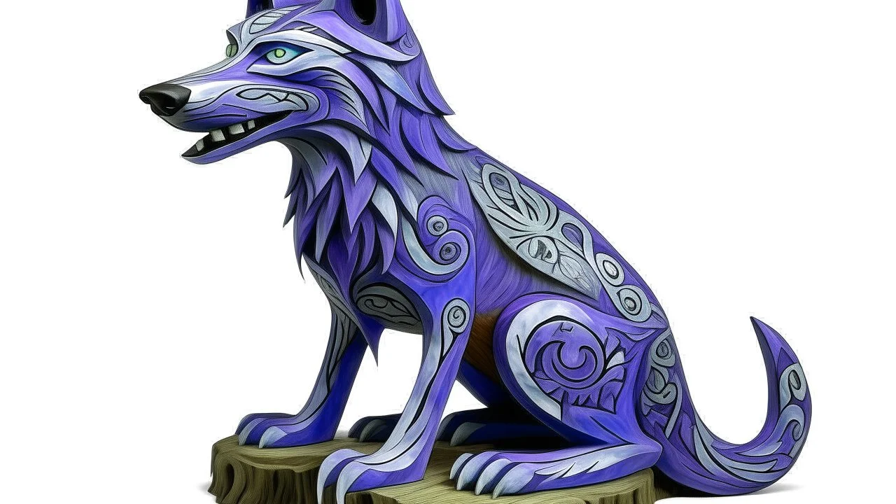 A purple ice elemental wolf designed in pacific Northwest totem poles painted by Grant Wood