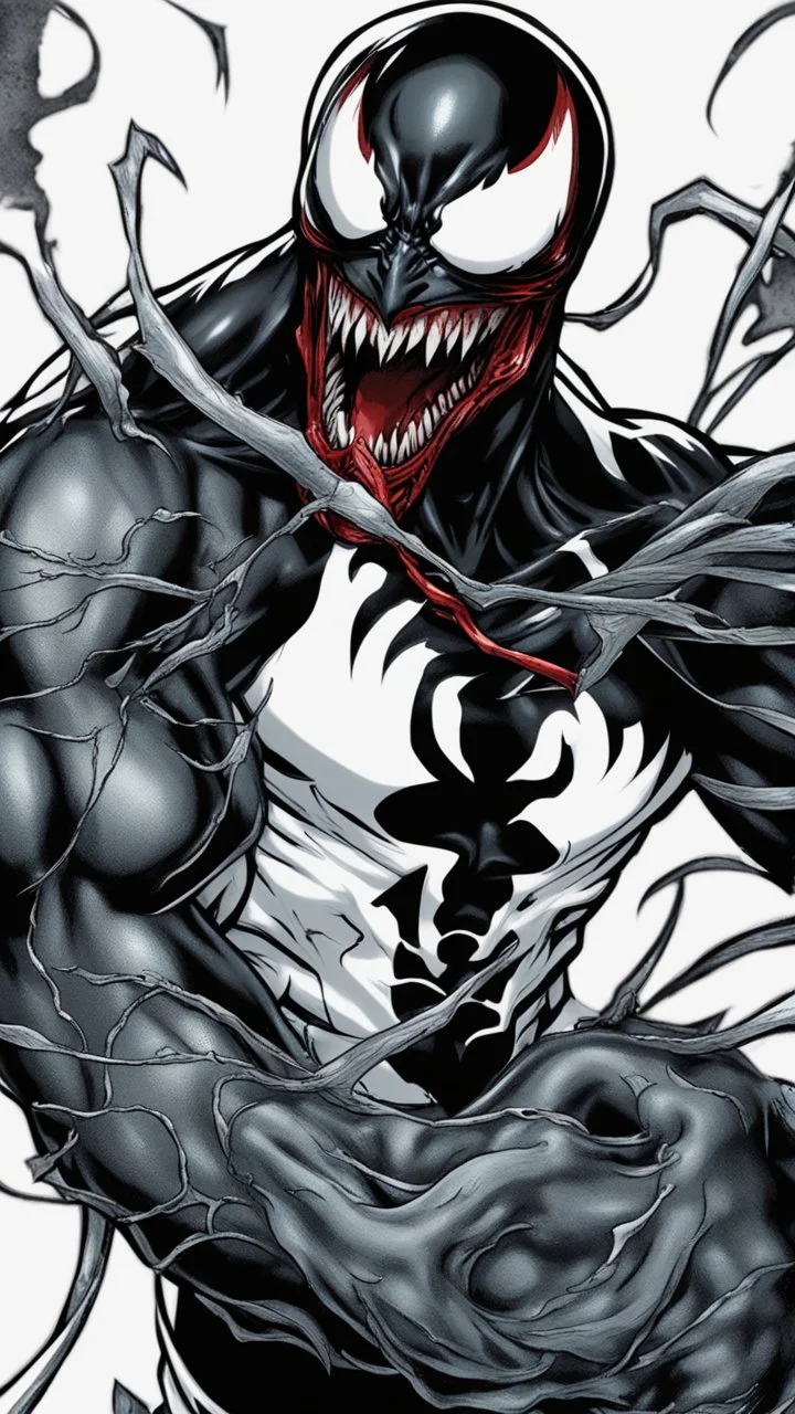 A close picture of Venom symbiote as ghost of Sparta red tattoos and Clothes, holding blade of choice