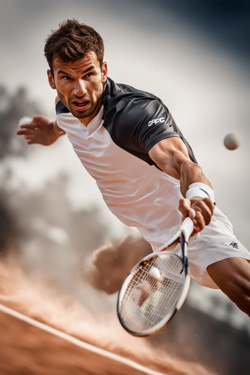 A hyper-realistic, A dynamic shot of Grigor Dimitrov in mid-air as he smashes a backhand. Photo Real, HOF, full size, practicality,manufacturability,performance, (((realism, realistic, realphoto, photography, portrait, , realistic, beautiful, elegant, charming, apocalyptic environment, professional photographer, captured with professional DSLR camera,trending on Artstation, 64k, ultra detailed, ultra accurate detailed, bokeh lighting, surrealism, Thomas Kinkade background,