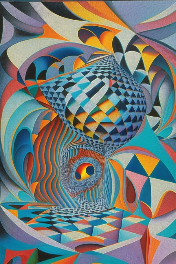 Mischievous Muse; op art; symbolism, precisionism, MC Escher, intricately detailed, elegant, colorful, attractive, evocative