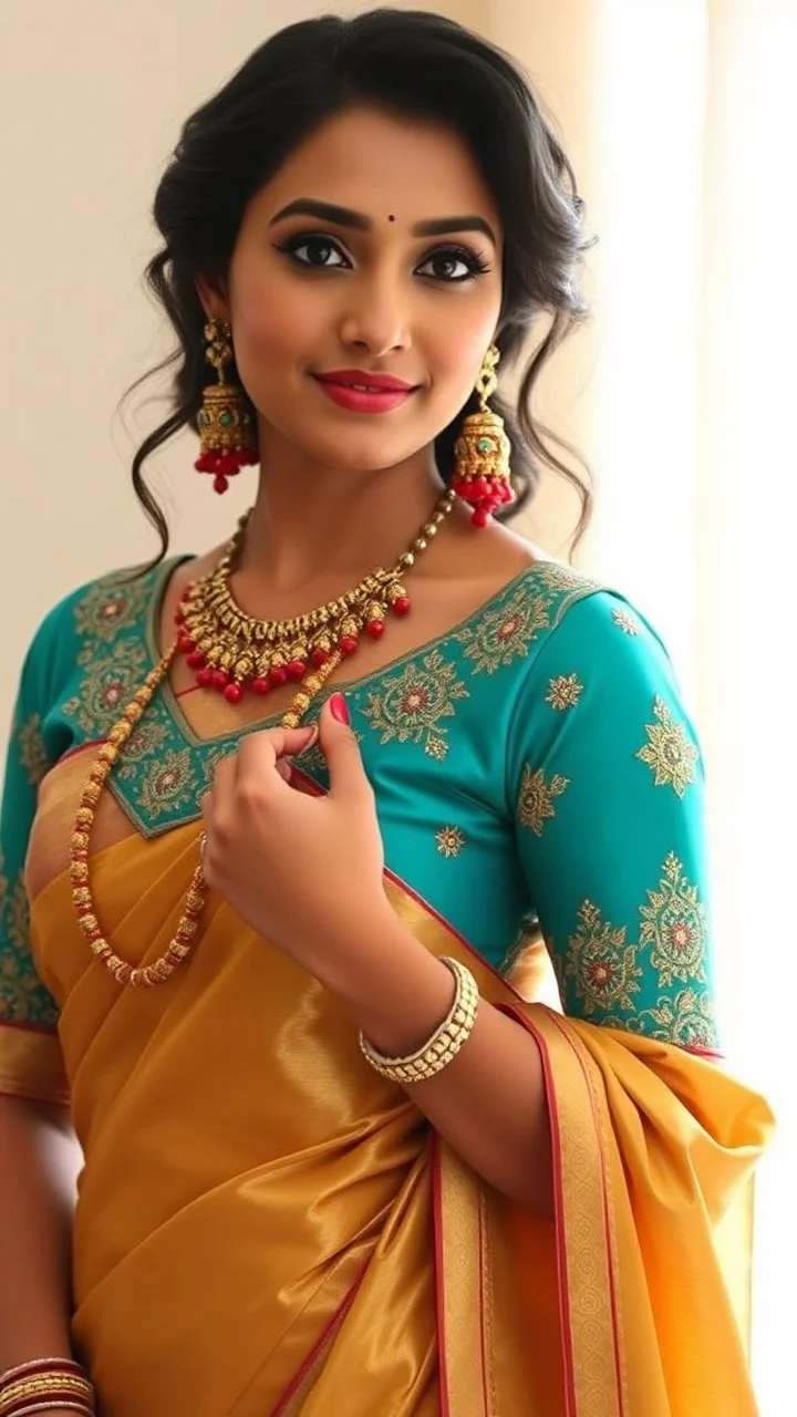 A jewel-toned turquoise blouse with fine gota-patti work, paired with a gold silk saree that shimmers under soft light. Ruby jewelry contrasts beautifully, while warm-toned makeup (bronzed cheeks and coral lips) adds richness.