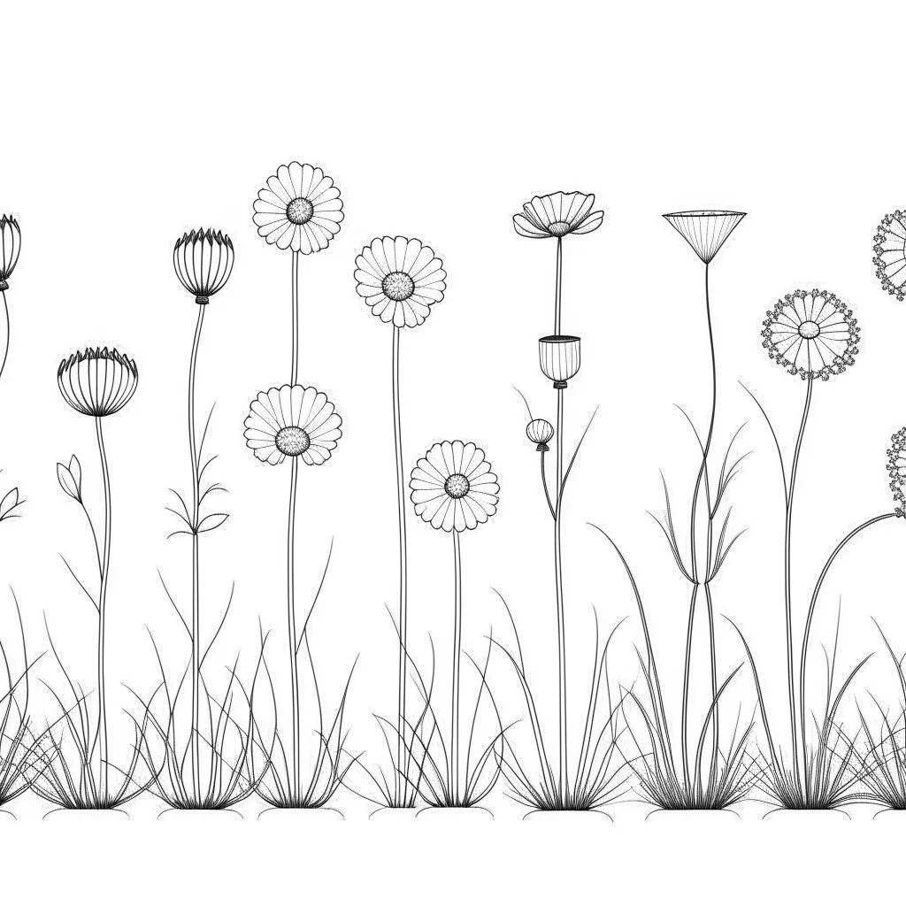 set of grow wind flowers on the grace, SIMPLE ONE lineS art, white background, minimalis, different view, only white bakcground solid.