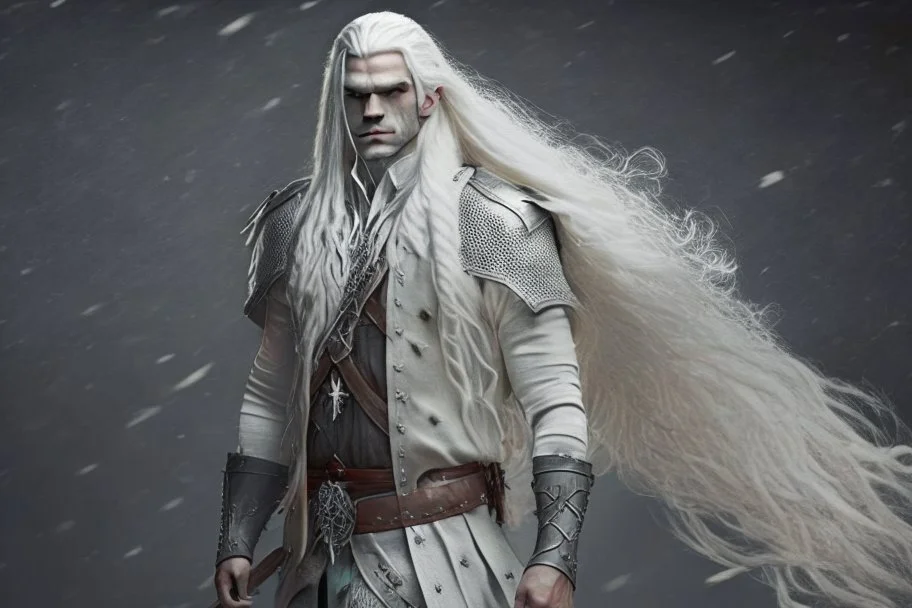 A white masculine human with long white hair. A Lot of Battle Scars. Full body. Blakc Military Outfit. HD