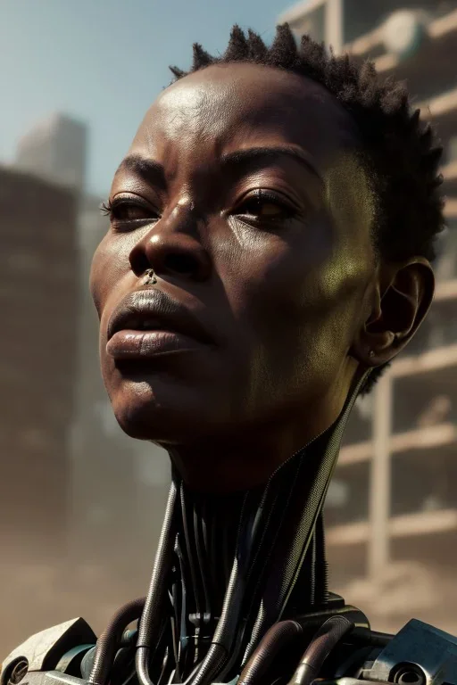 portrait,beautiful african robot, post-apocalyptic in a cyberpunk city, realistic, intriacte detail, sci-fi fantasy style, volumetric lighting, particales,highly detailed,cinamatic, deep colours,8k