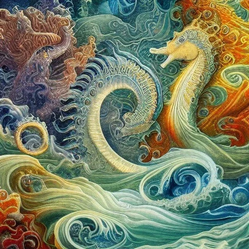  Beautiful ocean scene with elegant seahorses and mermaid with insanely intricate flowing hair and small colorful fish. Extremely detailed. Giger. Bernini. Fractal water, waves ,landscape ,