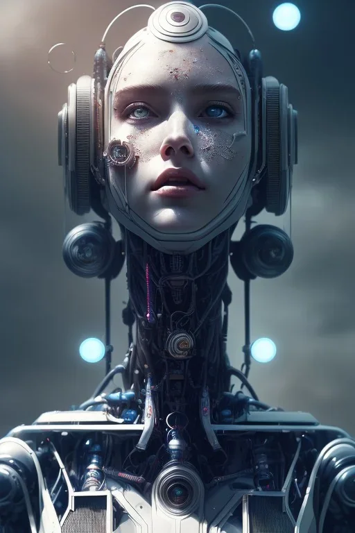 portrait,beautiful robot, post-apocalyptic in a cyberpunk city, realistic, intriacte detail, sci-fi fantasy style, volumetric lighting, particales,highly detailed,cinamatic, deep colours,8k