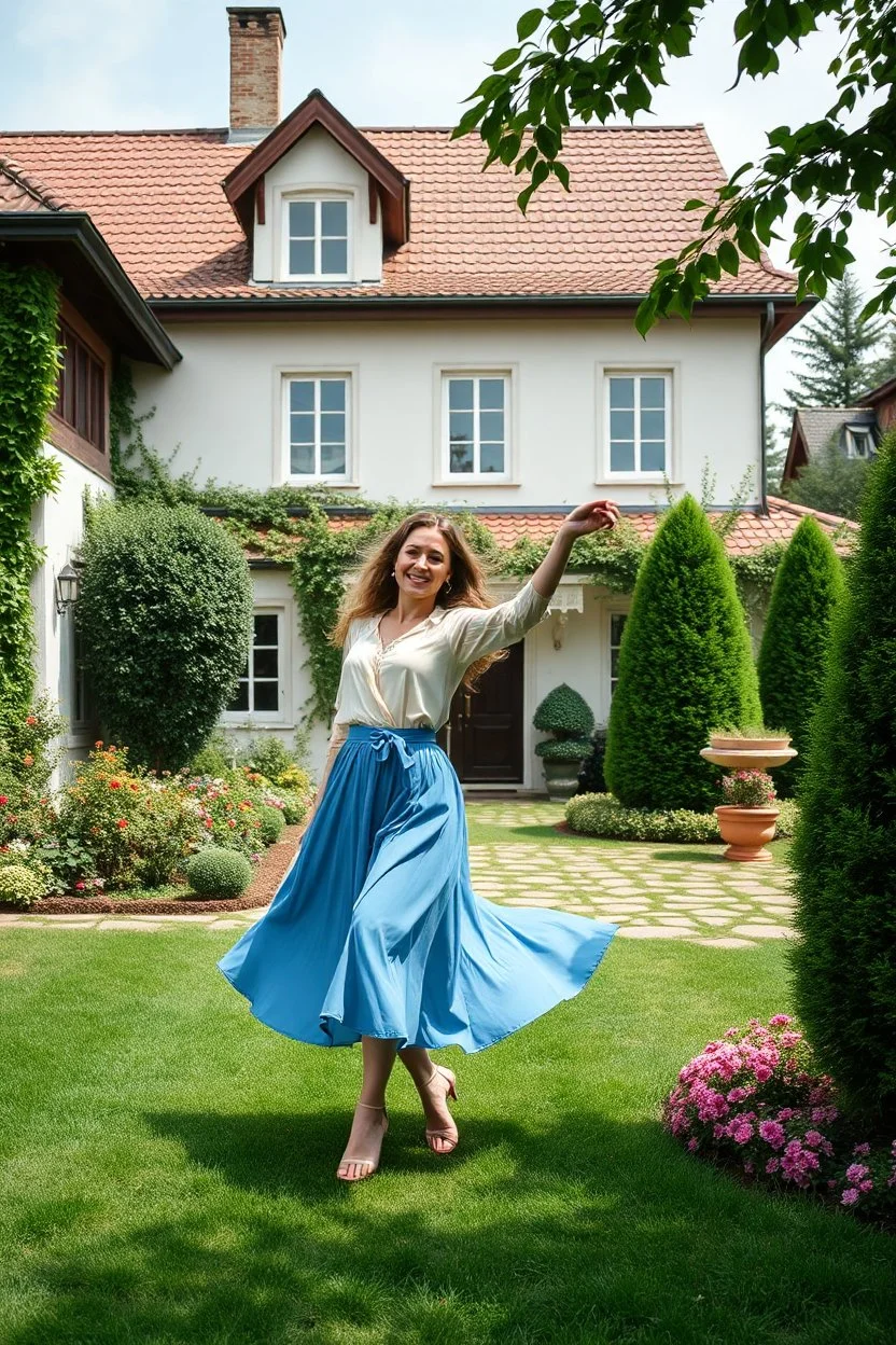 create a video of beautiful russian lady dancing in a pretty villa garden wearing blue skirt and cream blouse