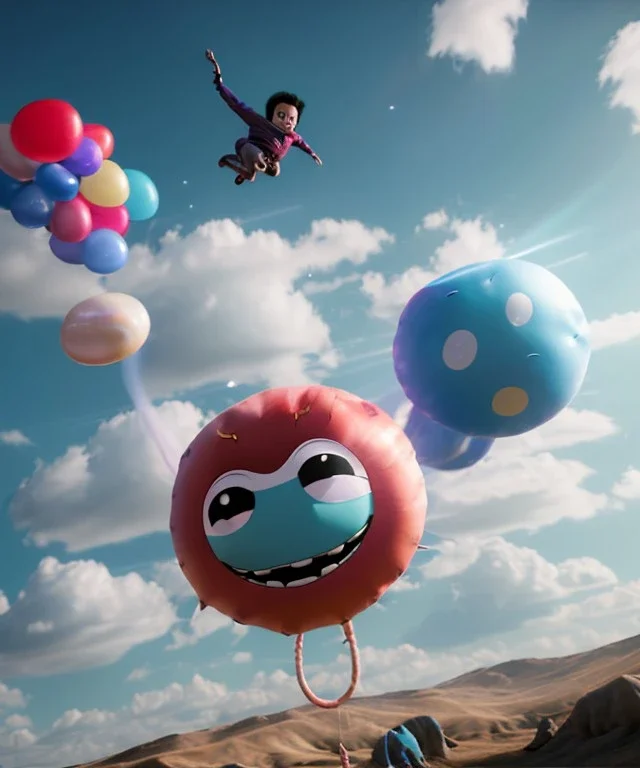 Ultra realistic speed clouds sky scene, wide angle view, child falling down with many Children background, inflatable monsters, circus dress style, feather color, free jumping flying, many trinkets, hair monster, many jelly beans, balls, color smoke, smile, happy, extreme, wind, clouds sea, 20,000 feet altitude, stratosphere, soft color, highly detailed, unreal engine 5, ray tracing, RTX, lumen lighting, ultra detail, volumetric lighting, 3d, finely drawn, high definition.