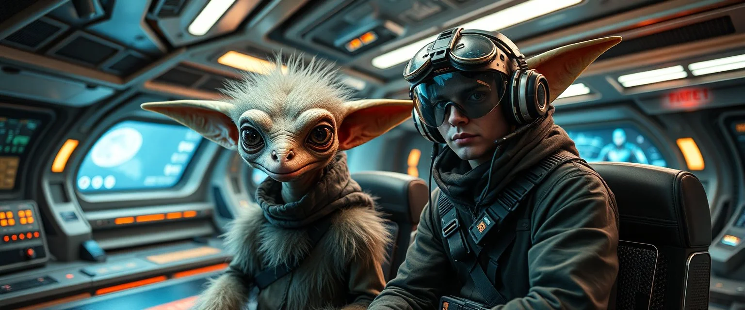 portrait of researcher slender alien fluffy captain pilot focus gremlin cyber punk with two crew members, in sci fi air ship waiting hall, in future dynasty