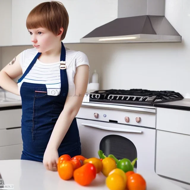 Realistic photo Russian shorthair beautiful 20-years tomboy boyish boylike young mother-in-future wide hips in kitchen