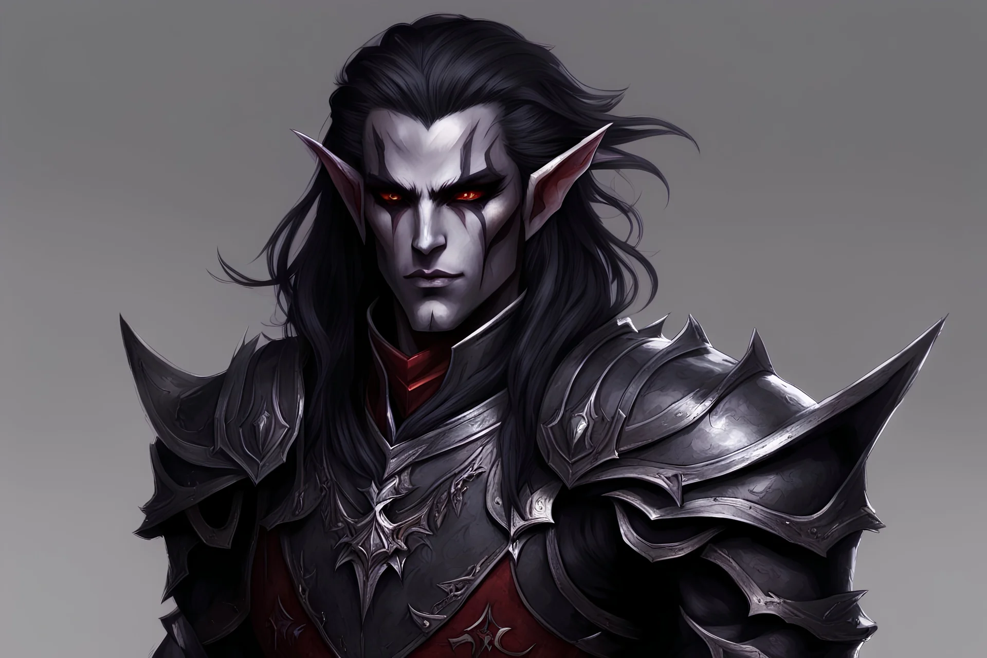 Dark elf male, rouge, black armor, dark hair,