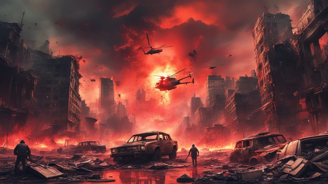 a destroyed city, red sky, explotions behind, blood, destruction, cars, helicopters, planes, apocalyptic future, drones, bombs, people running and hide