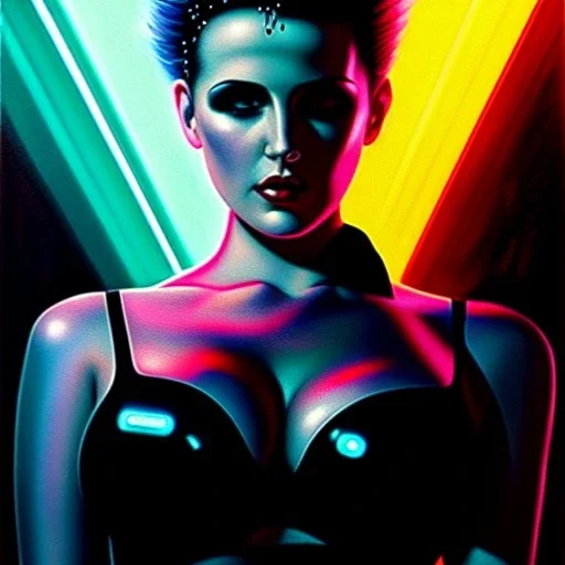 portrait oil on canvas, beautiful punk busty female Cyborg, looking to viewer, sad green eyes, post-apocalyptic in a cyberpunk city,minimal skintight suit, blade runner, comic book cover, mystical colors, neon, insanely detailed,realistic,intrincate detail, 16k resolution, masterpiece, Adam hughes