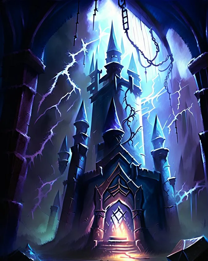 lightning dungeon chamber with castle towers fantasy rpg art painterly