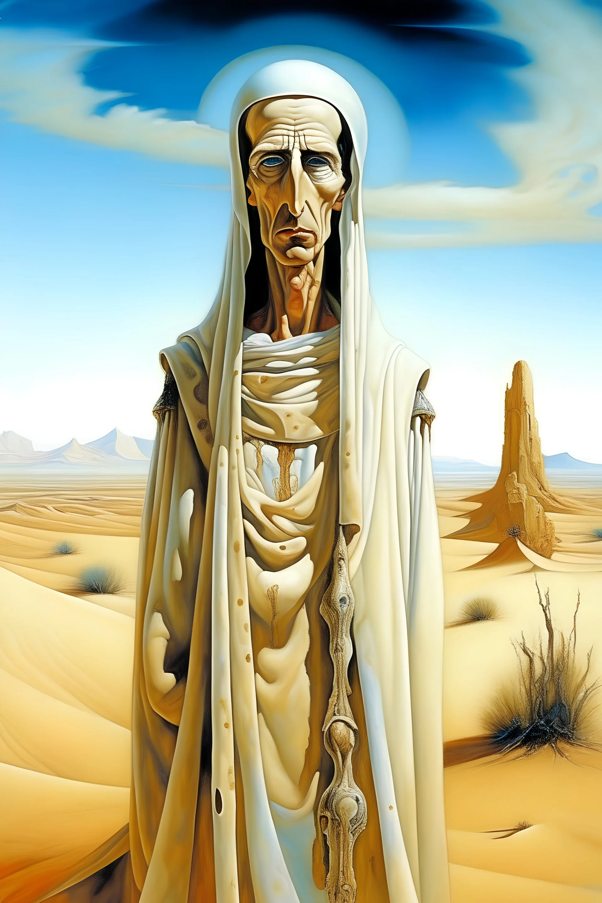 portrait of tall god looks like human but 4 times bigger than normal humans with shining eyes in full clothes, clothes like Arabs in desert. Their face is covered in white shall. by Dali.