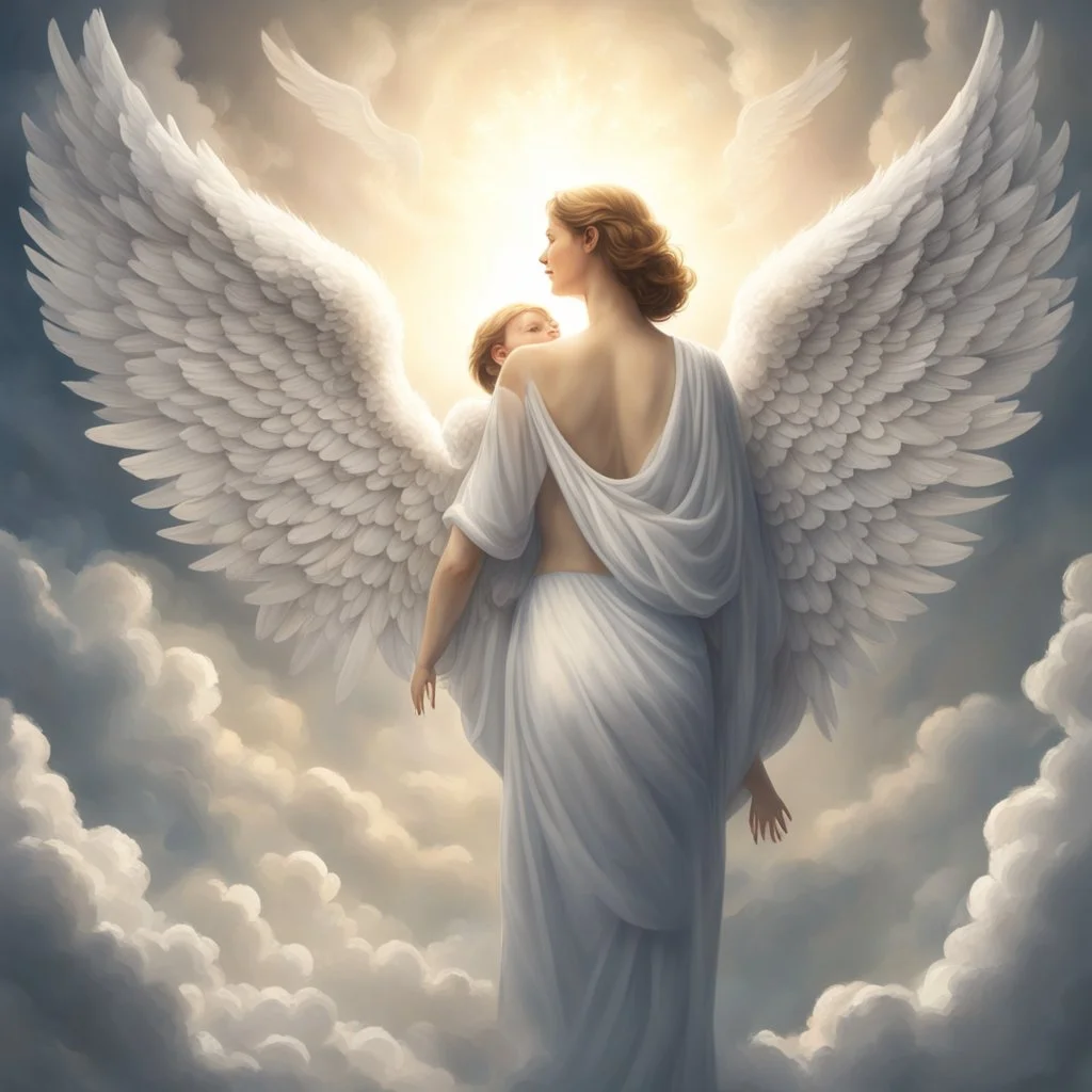 The image of a mother with angel wings watching and watching over her son from heaven