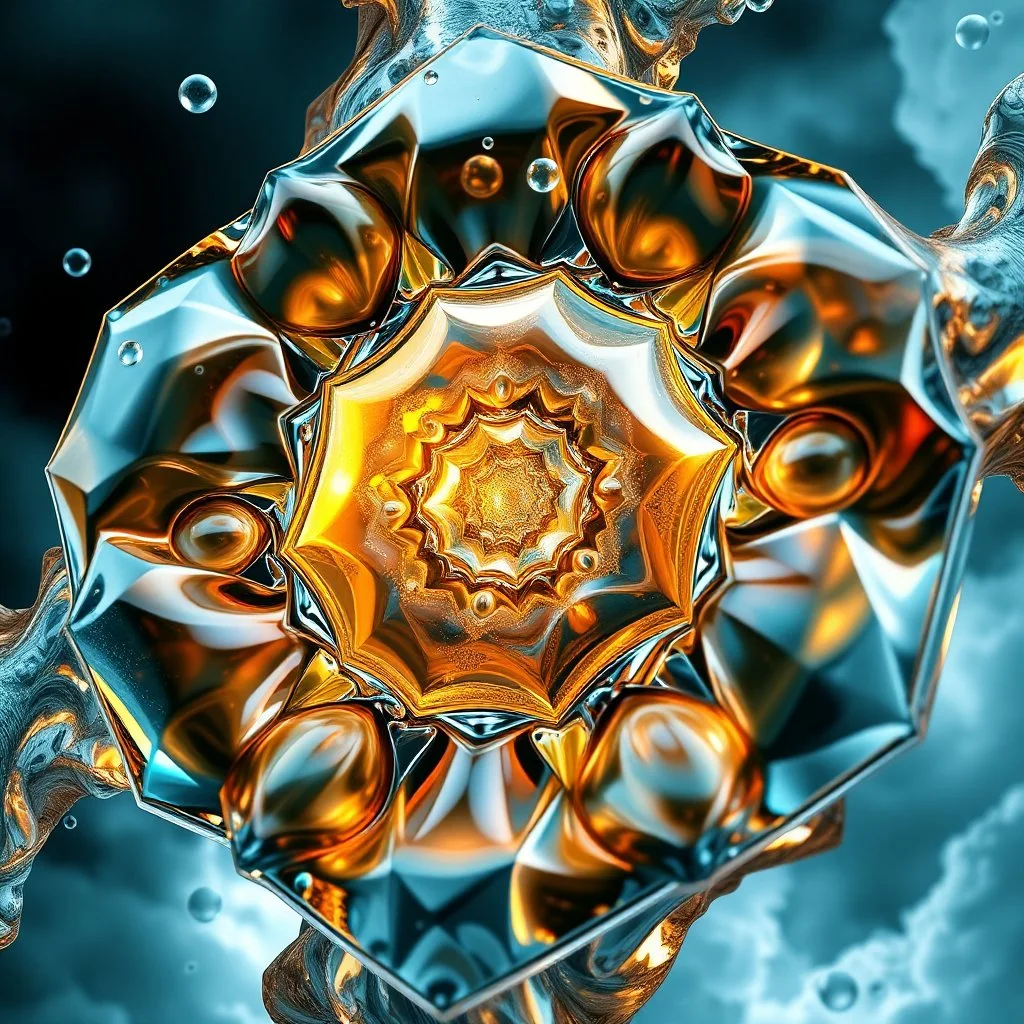 Dynamic hypnotic fractal 3D structures hexogonal Symmetry twisting and morphing between organic and geometric forms , smooth translucent iridescent glass with inner glow and regular bubbles, varied transparent materials, stormy skies, intense dramatic