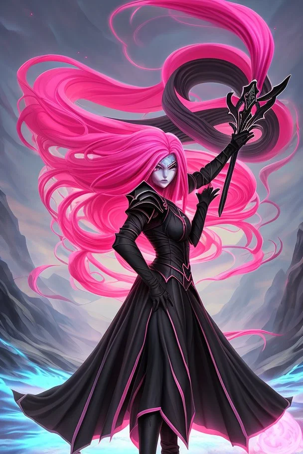 A exalted female archmage, her black robes and long pink hair shining in the light, her greatsword held firmly in her hands as she strides forward, her red eyes blazing with a fierce intensity, levitating above enemys , dodging enemy fire, 4K,