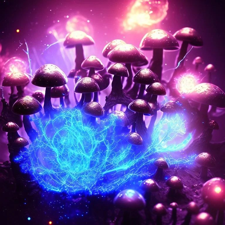 Spherical Frost metal magic armoured lightning Mycelium MUSHROOMS stars galaxy SPACE lANDSCAPE BURNING IN BLUE FLAMES hellfire abyss math chaos blob