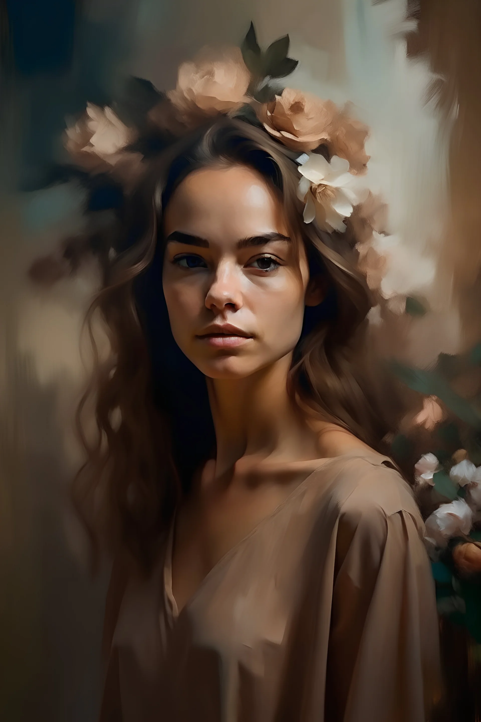 retrato de una mujer joven con un vestido ligero de PIEL MORENA, OJOS CAFES Y PELO CAFE grandes flores tejidas en su cabello, pintura al óleo, grandes pinceladas descuidadas, paz, tranquilidad, ternura, ligereza, ligereza, ligereza, ligereza, luz suave, tonos pastel