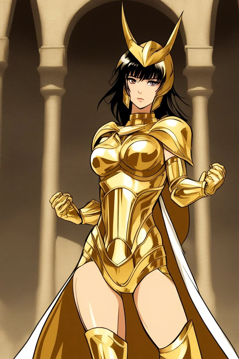 super beaty woman, good body, big bubs, nice body, model style, milf, dress a small golden armour, saint seiya influence, asiatic, cape, rude mode, stay on ansient temple ruins.