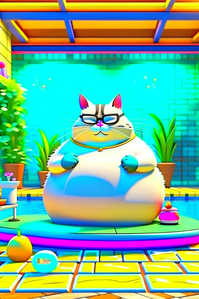 A fat palace cat getting a message in a spa, 3d animation ,funny