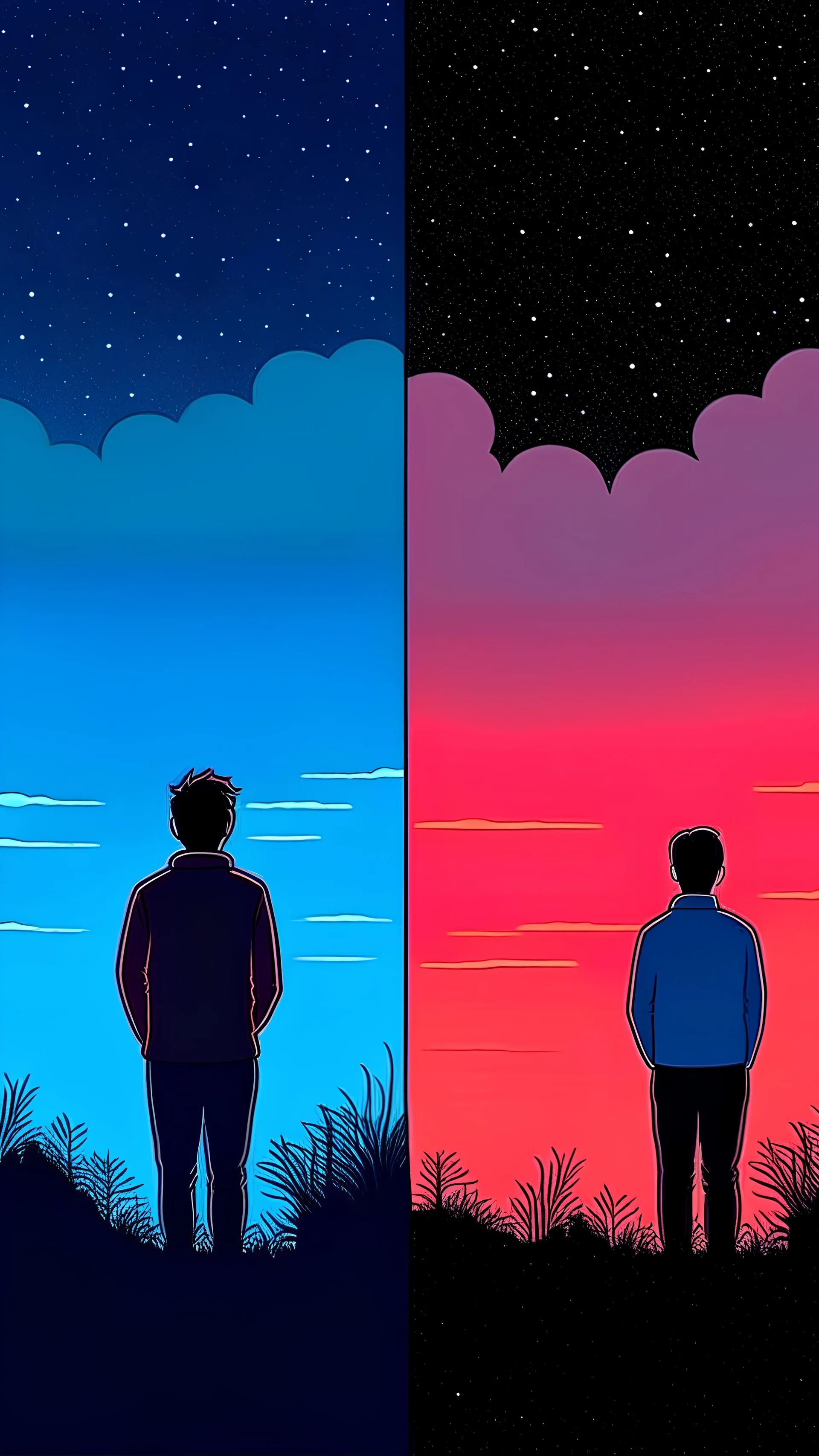 A person looks at the sky at the end of the night and at sunrise