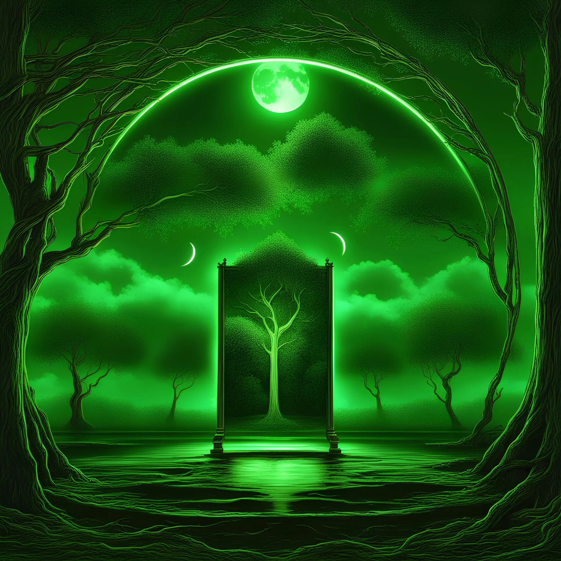 A realistic mirror reflecting nothing in a glowing emerald green place, moon in the background, chain on the ground, lightnings, tree