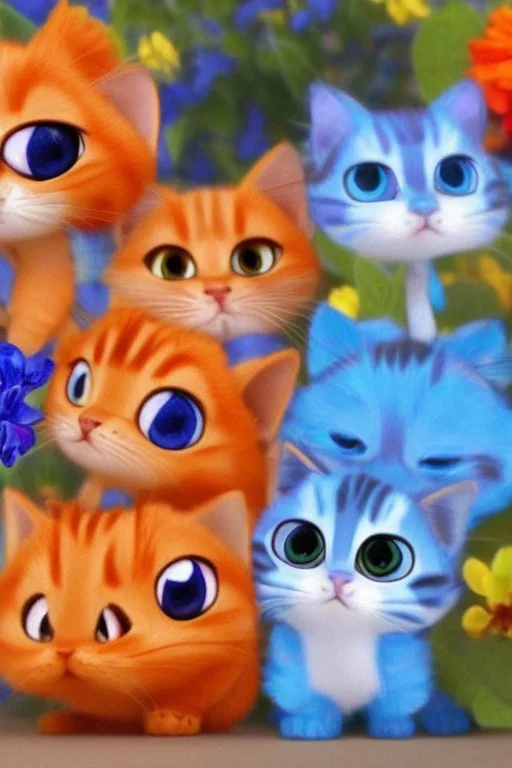 Blue and orange chibi pixar cats with big lifelike eyes and flowers