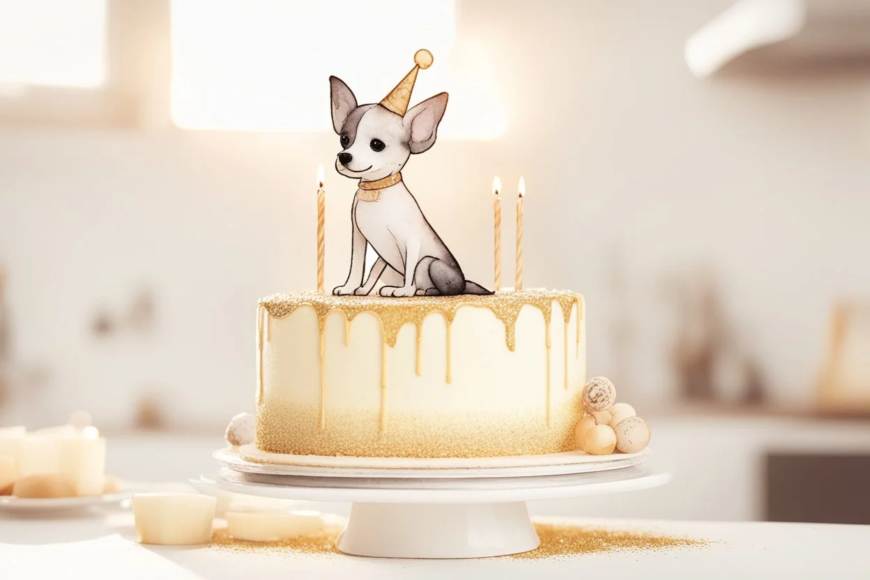 birthday cake, chibi dog in a beautiful kitchen, heart and love in the sunshine, watercolor and black ink outlines, sparkling golden glitter, ethereal, cinematic postprocessing, bokeh, dof