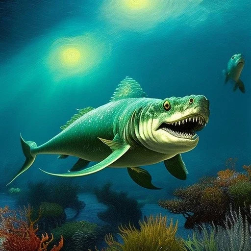 Sea Monster Dunkleosteos underwater by van Gogh 8k