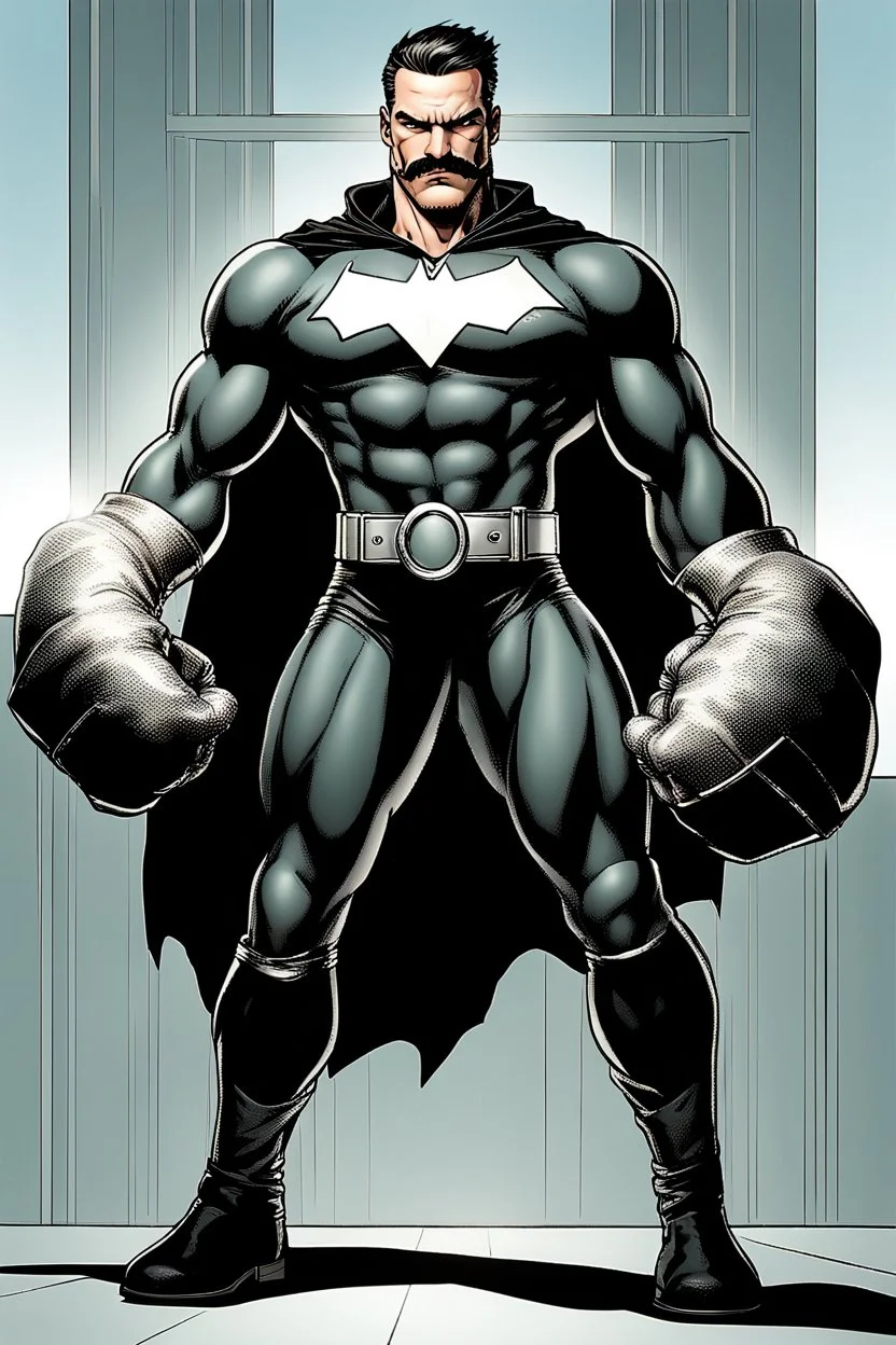 an extremely muscular superhero man wearing a black, skintight, formfitting cowl, a black, skintight, formfitting, Kevlar bodysuit, Silver Wrist Gauntlets, Silver Belt, Silver knee-high boots, black gloves, silver "M" logo on the chest, a mustache and goatee, black gloves,