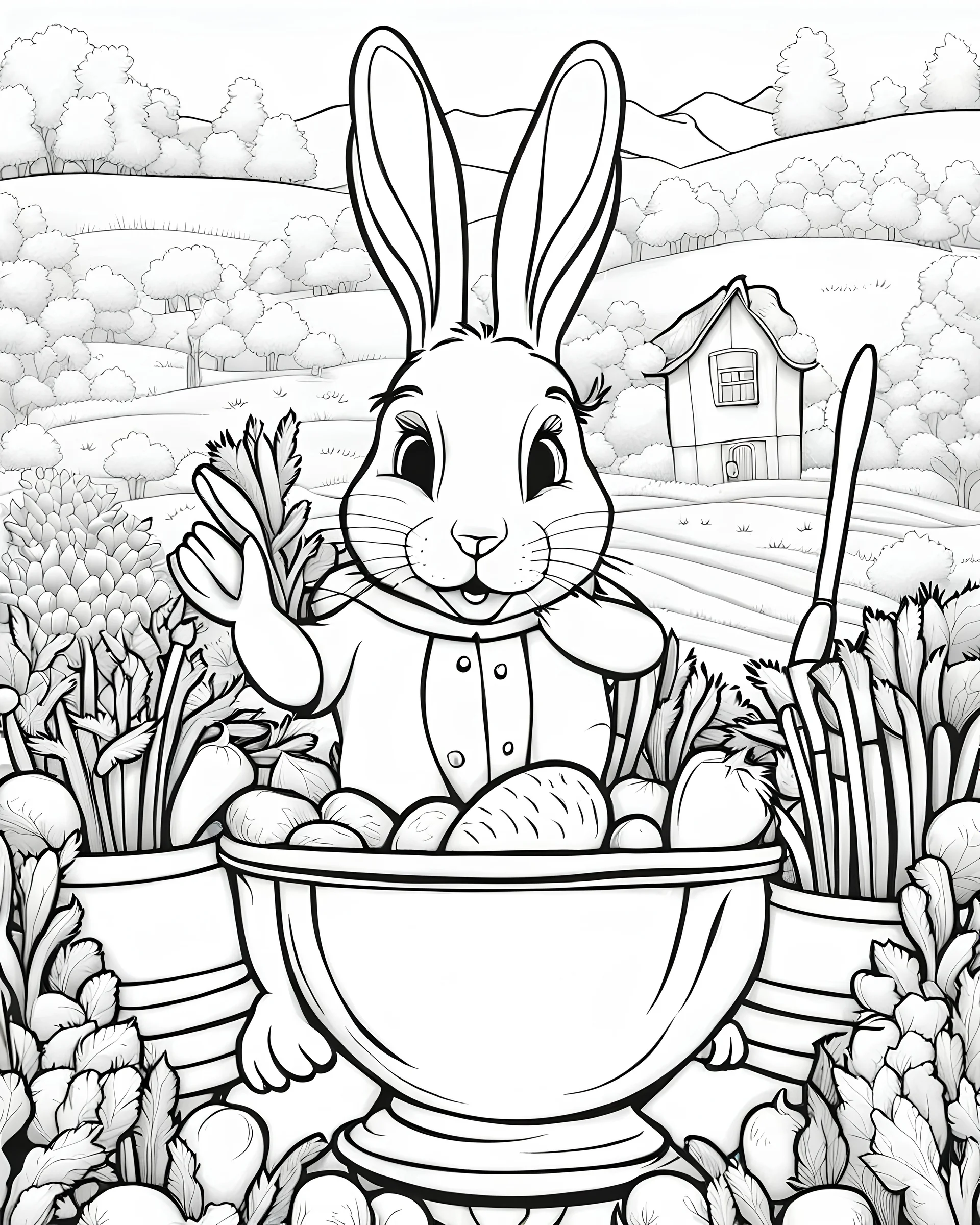 B/W outline art,coloring book page, full white, super detailed illustration for adult,"Silly Love Tale: The Rabbit Who Lost His Carrots in the Eyes of Another", crisp line, line art, high resolution,cartoon style, smooth, law details, no shading, no fill, white background, clean line art,law background details, Sketch style.