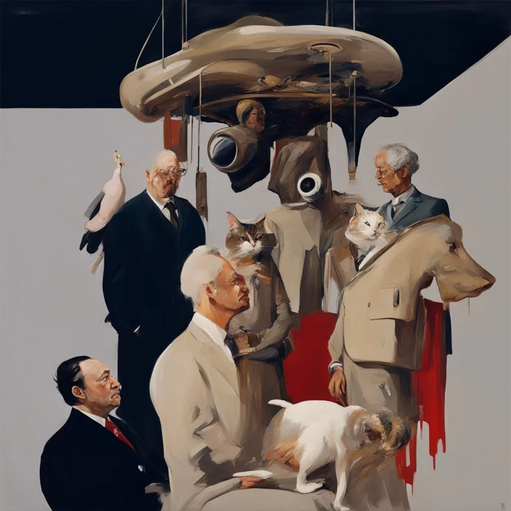 UN conference,a cat and human flesh-like surgical instruments and universe-like a pigeon and neuralink, surrealism,minimalism,Painting By Adrian Ghenie, Rene Magritte, Salvador Dali, Lucian Freud