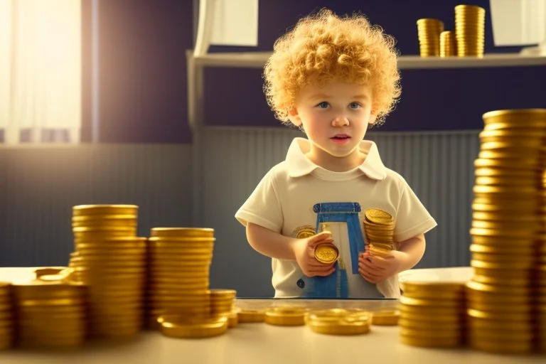 a curly-haired blond boy counts money and stacks gold coins in a modern nursery, in sunshine