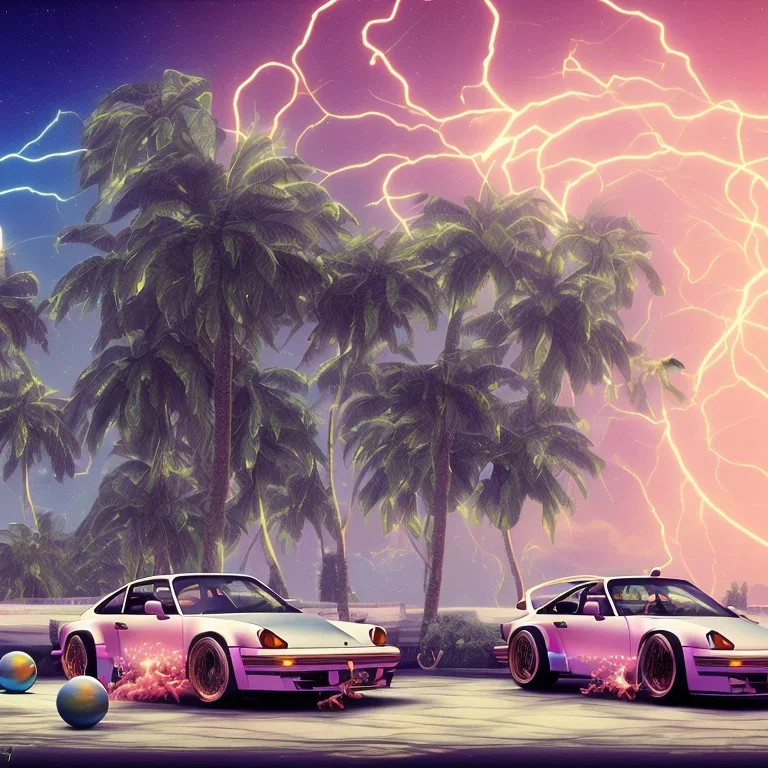 1980's aesthetic vaporwave palm trees and spheres and Porsche with lightning