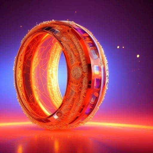 Ring made by wood roots and shreds of glass, orange diamonds sparkles, red rubi fragments around, blue lights reflexes, complex structure, gold details, intricate ring pattern,Unreal Engine 5, lens macro,sharp focus, realistic, hyper detailed, studio lighting, neon light ambient,