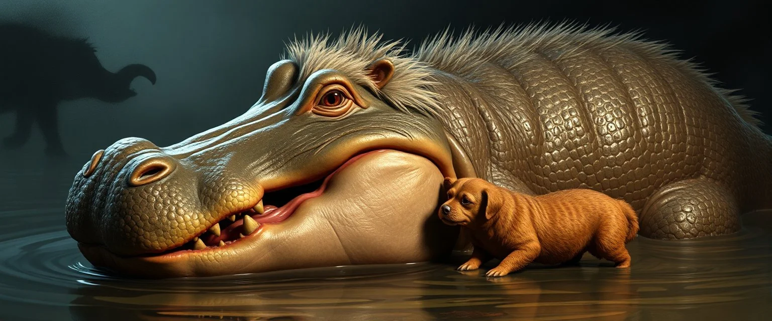 crocodile hippo with fluffy hair, doing dog things and eating small dog in the style of fallout 4 and giger