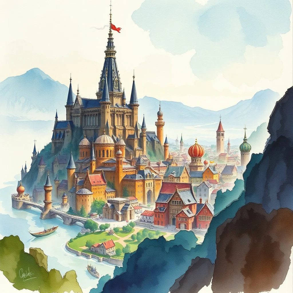 dnd, fantasy, watercolour, large strokes, stylistic, landscape, illustration, capital city, opulent, magnificent