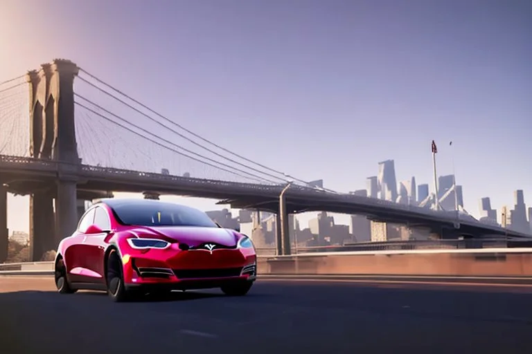 A Tesla 'Model 3' is going at a high speed, on the 'FDR Drive', eastern Manhattan. (CINEMATIC, WIDE ANGLE LENS, PHOTO REAL)