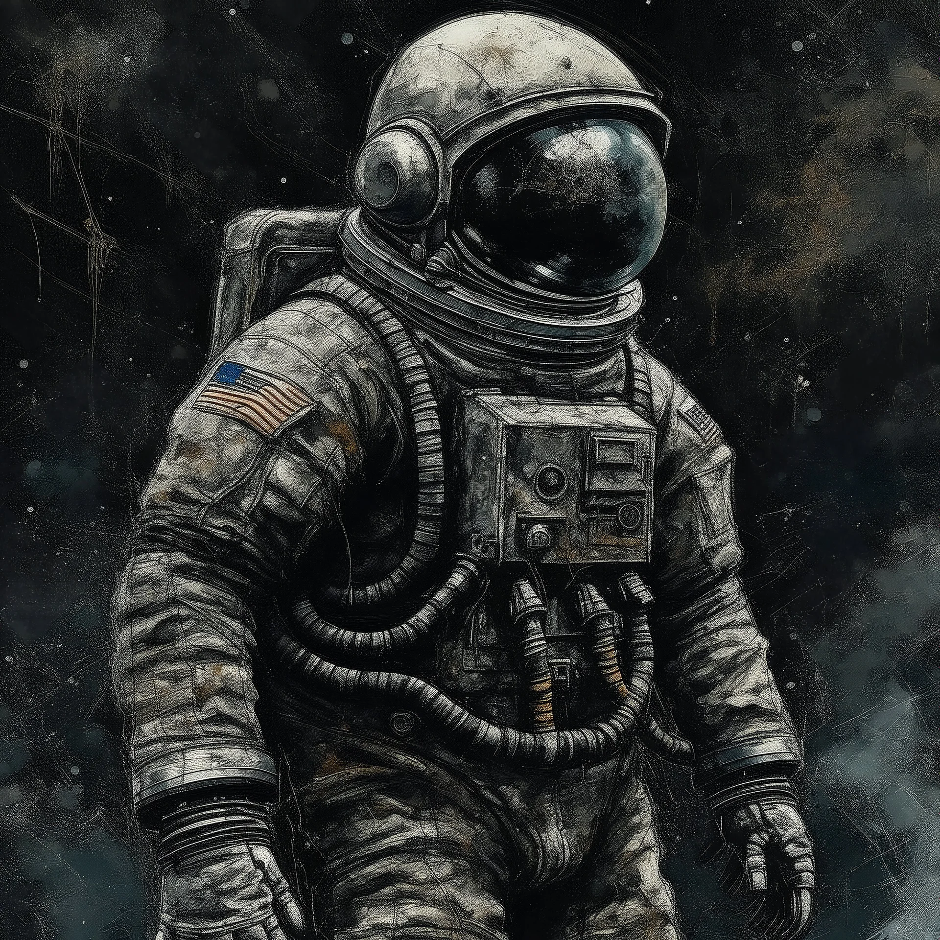 An astronaut from 1970 , Hyper Realistic Aerial Grungy Dark-Grey Brush strokes on a dark rustic background with charcoals