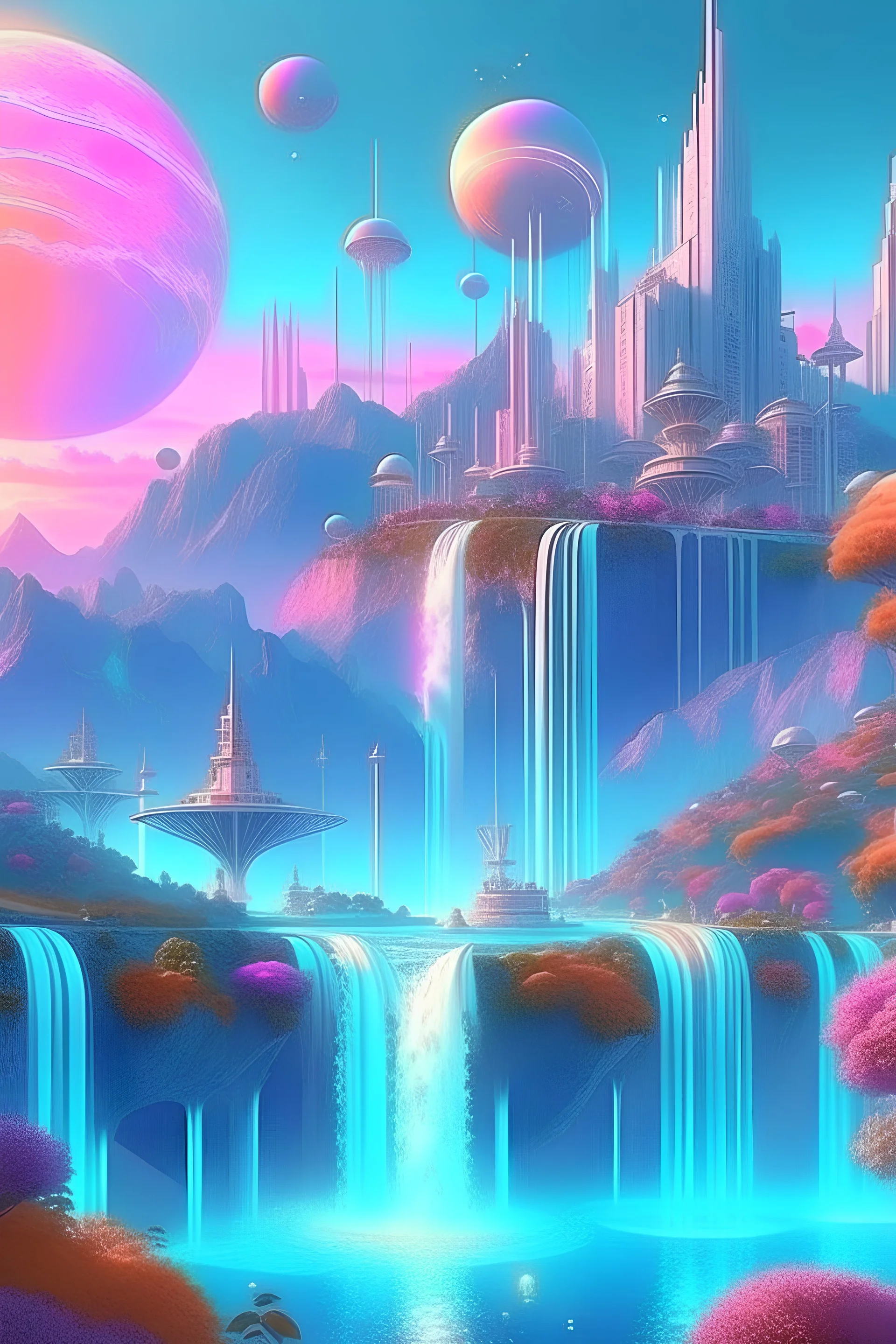 Future city. Designed by Islam on the mountains of Dhubarjad Waterfall pouring into Lake Yaqout Al-Ahmar. Rose trees and exotic fruits. The sky is colored with stars and planets.