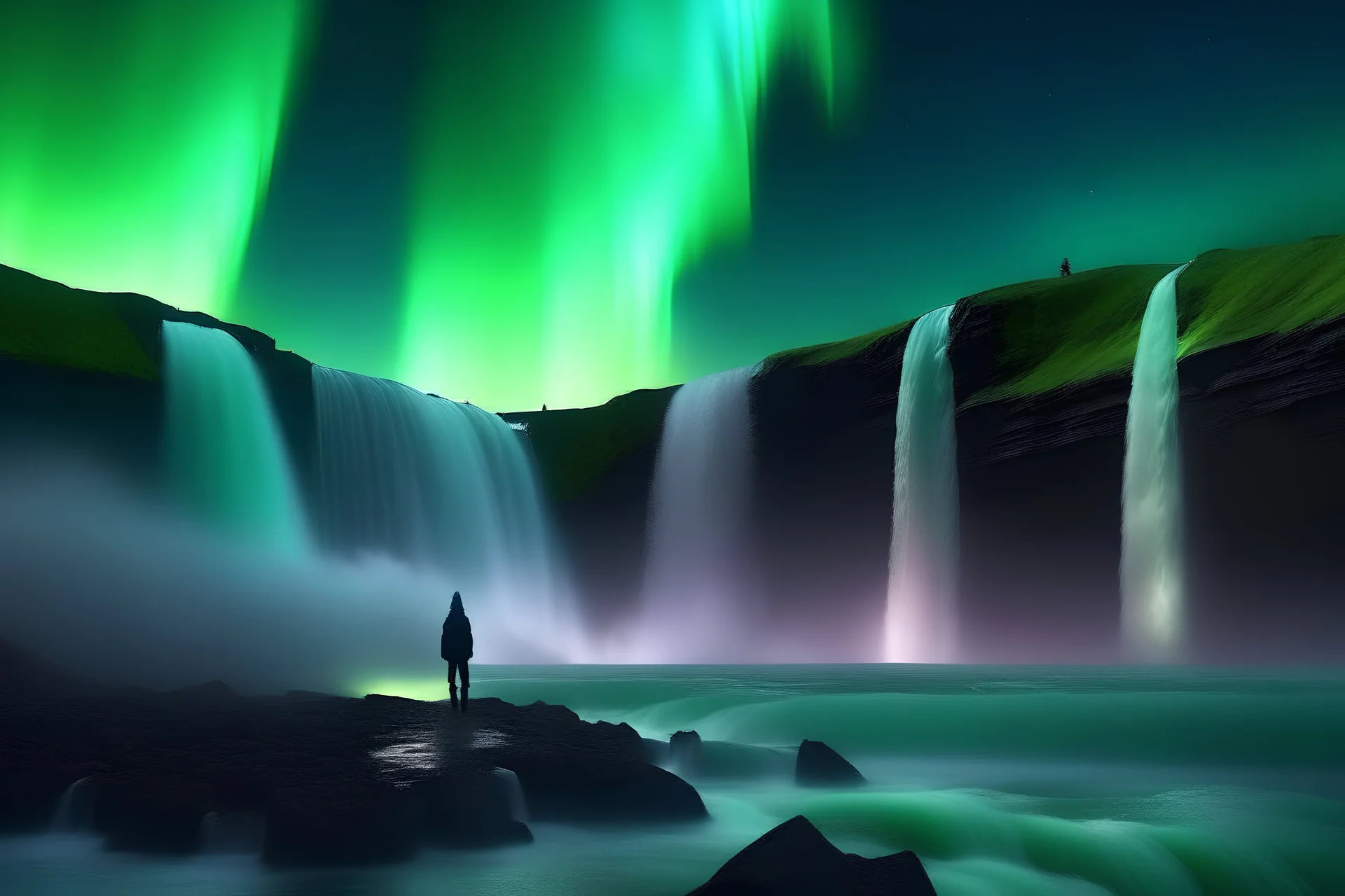 big waterfall with waves and northern lights in summer with 2 people