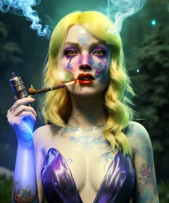 Ultra realistic wonderland photo, happy blonde woman smoking a shisha, blue dress, big purple-cat friend, circus dress style, old school tattoo, smoke, marijuana garden, glow eyes, perfect iris, soft color, highly detailed, unreal engine 5, cinematic, ultra detail, volumetric lighting, high definition.