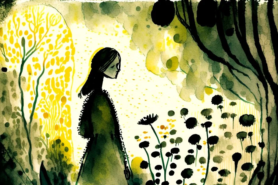 woman in the flowergarden, styles of Paul Klee Dee Nickerson and Tim Burton, melting watercolor and black ink outlines on wet paper, soft, shading strokes, in sunshine, ethereal, otherwordly, cinematic postprocessing, bokeh, dof