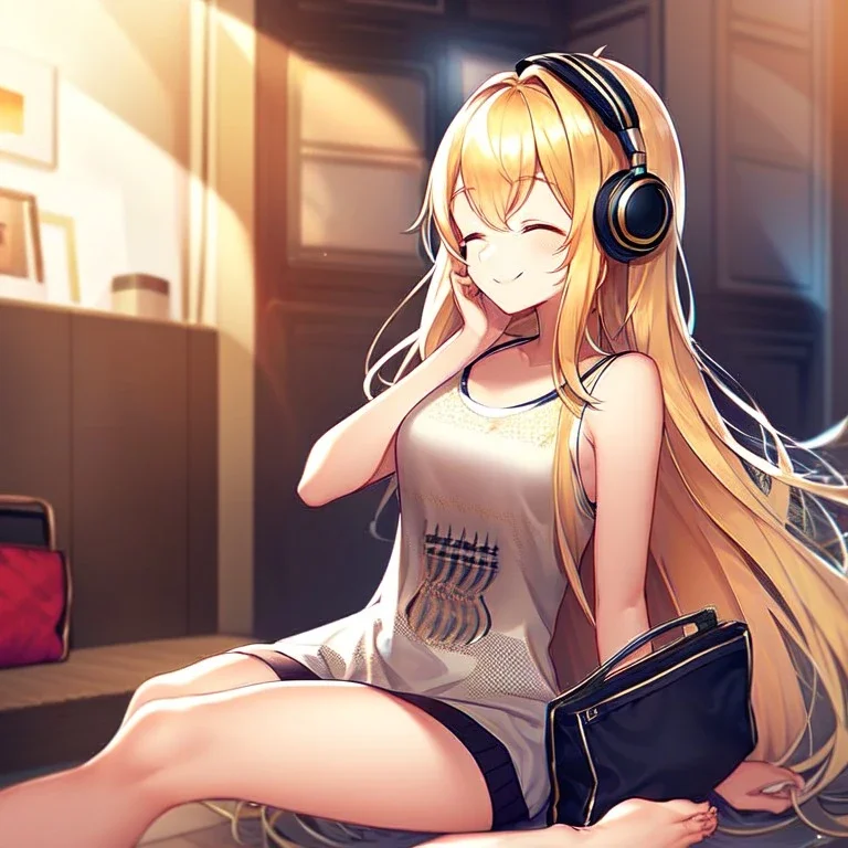 girl, masterpiece, best quality, volumetric lighting, detailed outfit, perfect eyes, golden hair, long hair, closed eyes, headphones on head, listening to music, smile, sitting, indoors, god rays, legs up to chest, casual clothes,