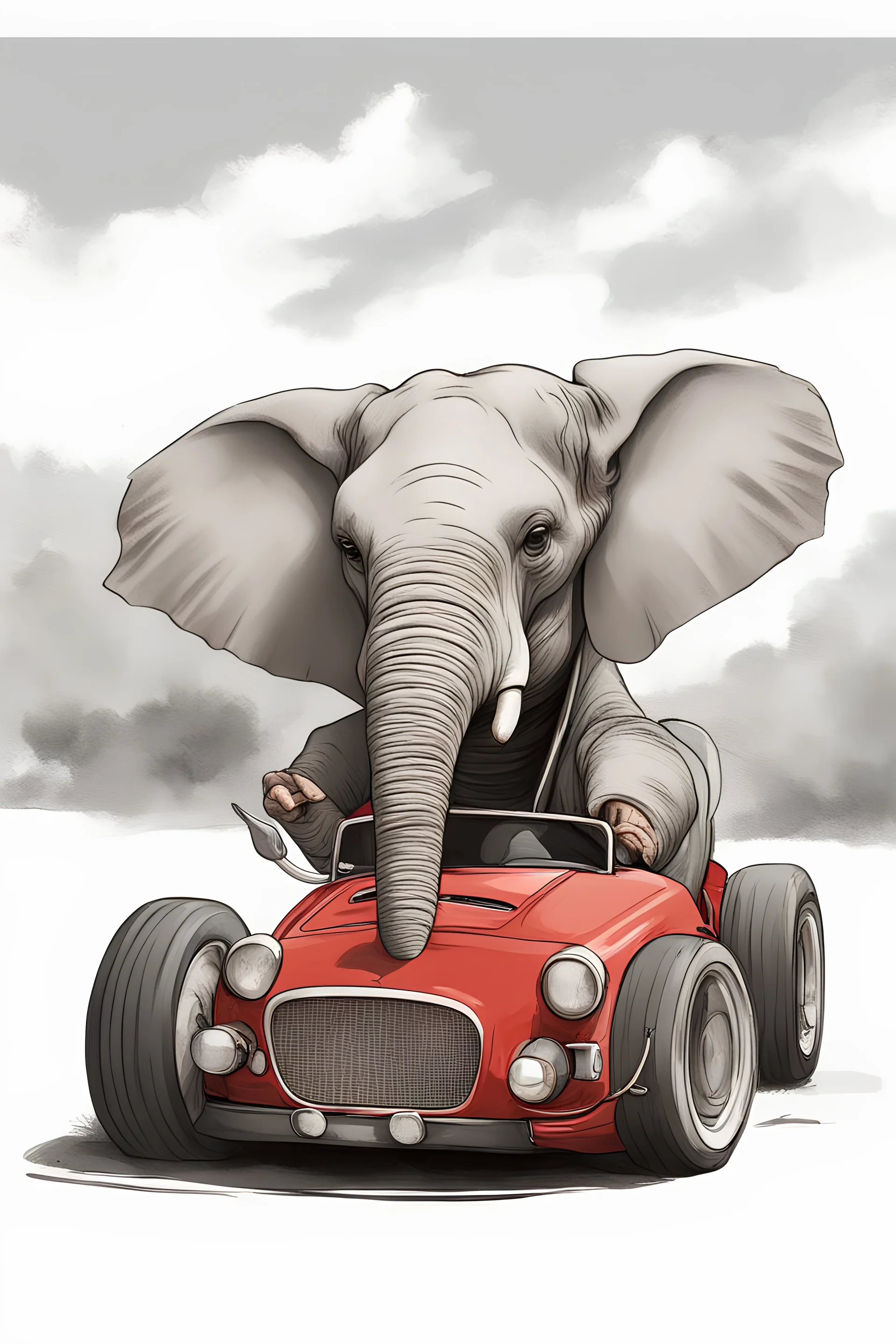 realistic characteristics of a elephant driving a red sportscar, white background