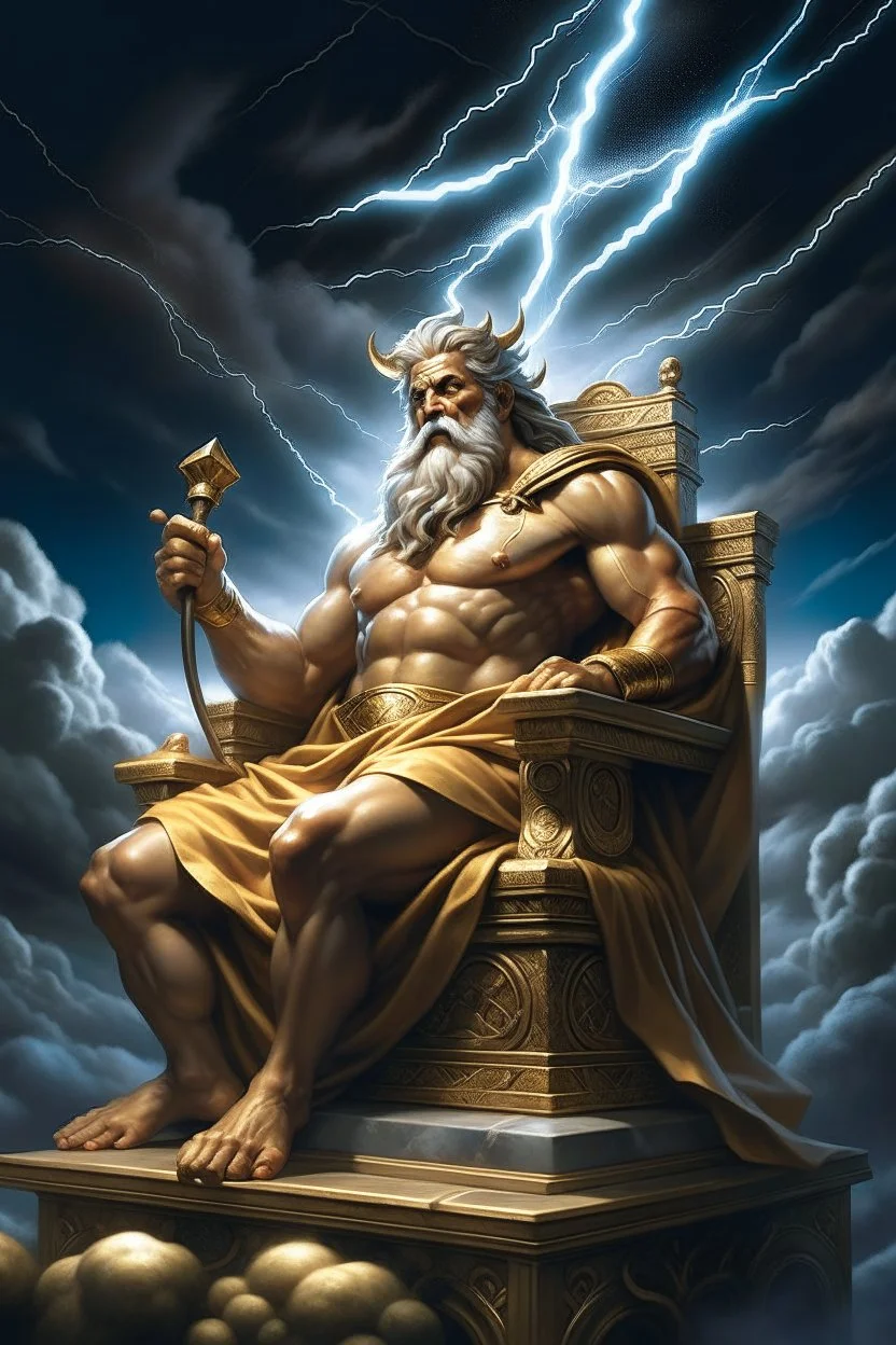 "Behold the majestic figure of Zeus, ruler of the heavens, as he sits upon his throne of clouds, his lightning bolt in hand, ready to strike down any who dare challenge his divine authority."